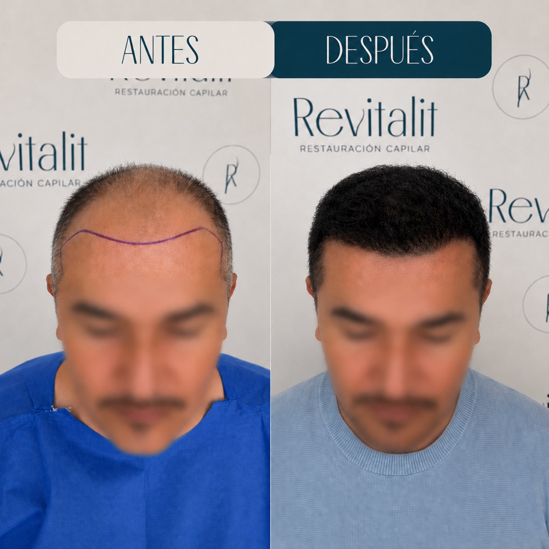 Injerto capilar línea frontal · resultado natural antes y después · Revitalit